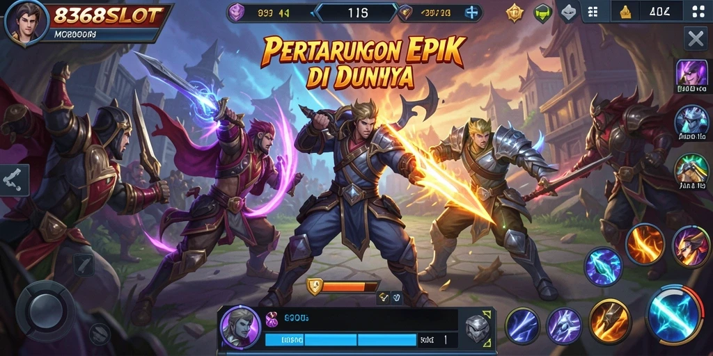 Screenshot utama 8368SLOT menampilkan pertarungan seru antara dua tim MOBA.