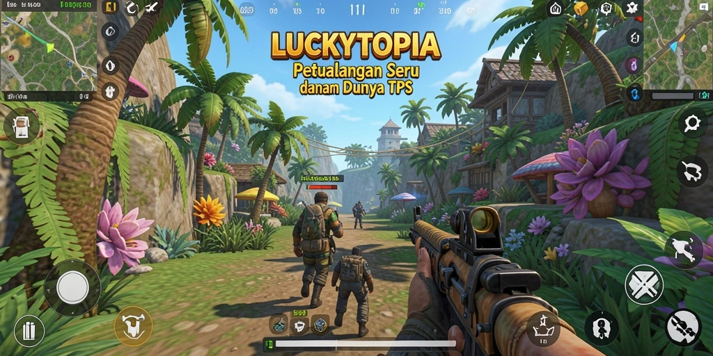 Tampilan gameplay LUCKYTOPIA dengan karakter bertempur di medan perang.