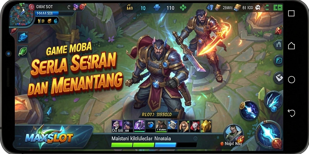 Tangkapan layar gameplay MAXSLOT yang penuh aksi MOBA.